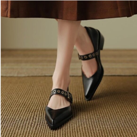 YDN Black Pointed Toe Mary Jane Chunky Heels Loafers Hollow Buckle Pump - Picture 1 of 8